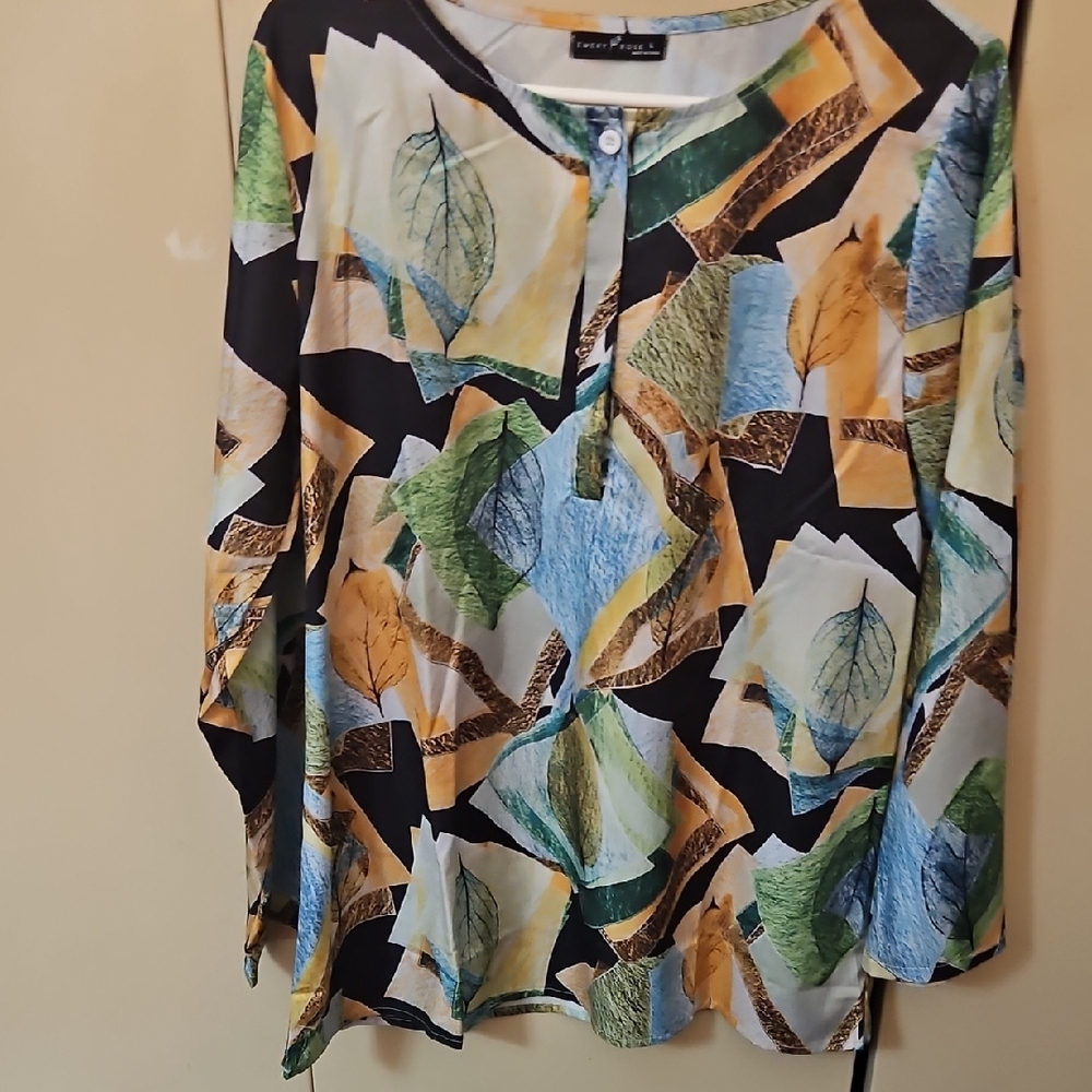 Emery Rose Multicolor Leaf Print Women's Blouse, Large